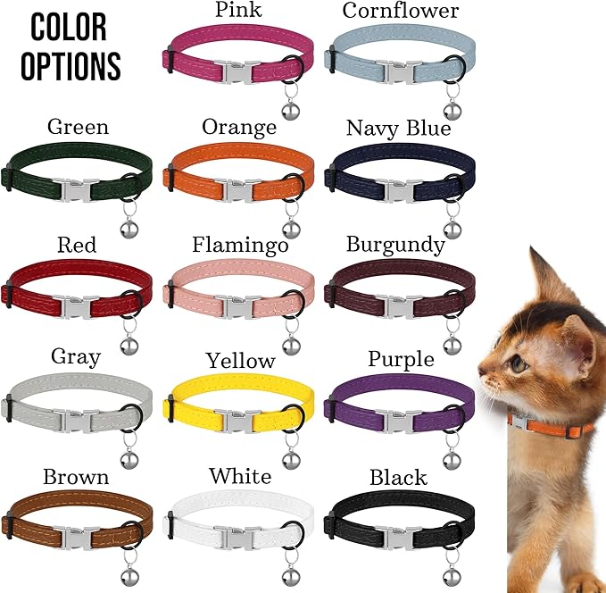 Leather Cat Collar with Buckle and Removable Bell - Non Breakaway Adjustable Soft Safety Small Pet Collars for Girl Boy Cats Kitten (Gray)