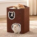 Joydeco Cat House for Indoor Cats, 2 Story Scratch Resistant Felt Cat Condo, Hideaway Pet Cave Bed with Fluffy Ball and Tunnel for Kitten, Small Dogs, Rabbits, 17.7 x 13.3 x 24, Coffee