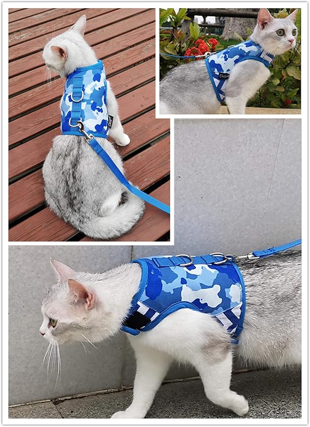 Cat Harness and Leash for Walking Escape Proof, Adjustable Cat Vest Harness, Padded Stylish Cat Walking Jackets, Blue Camo, X-Small