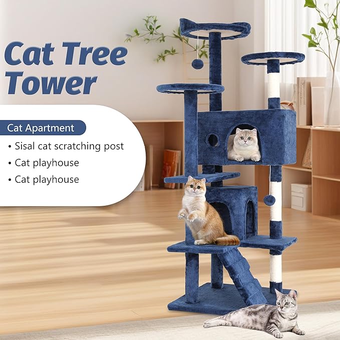 FDW | 54" Cat Tree Tower | Dark Blue | Multi-Level Indoor Activity Center with Sisal Scratching Posts, Condos, Plush Perches, Hanging Cat Toys | Sturdy, Easy to Assemble | for Kittens & Adult Cats