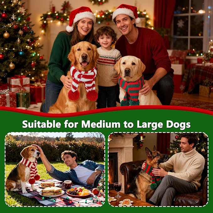 BWOGUE 2-Piece Knitted Dog Christmas Scarf & Bandana with Red and Green Pom Poms for Medium/Large Dogs - Winter Warm Holiday Pet Costume Accessory (Red, Green)