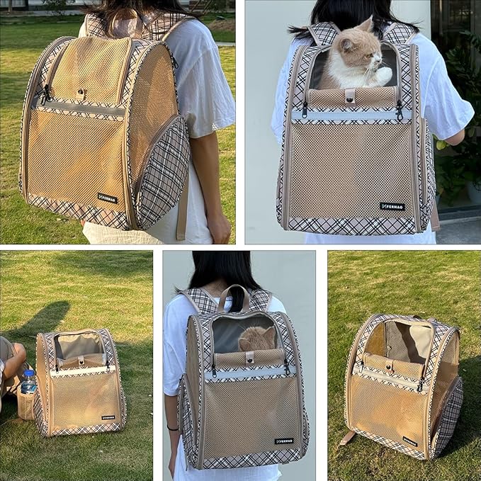 Cat Backpack Carrier for Small Dogs and Medium cat Puppy Kitten Bunny Pet Carrier Backpack Collapsible with Fully Ventilated Mesh with Safety Leash (Khaki, 12.9" L x 10.62" W x 15.5" H - M)