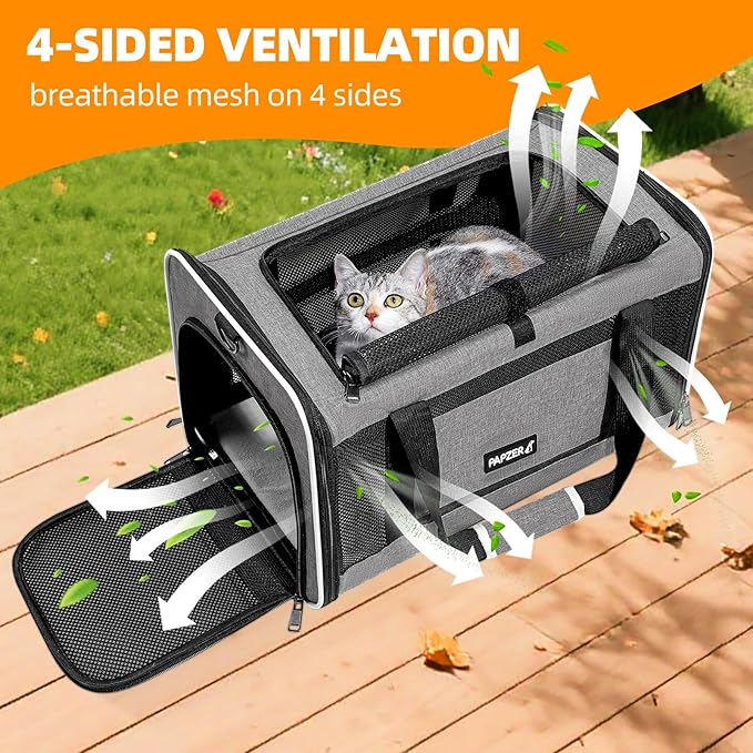Cat Carrier Soft-Sided Travel Bag for Medium to Large Cats Over 15lbs, Small Dog Carrier Crate Top Entry Breathable Mesh Puppy 12 Pounds, Pet Rabbit Carrying Cage Kennel Collapsible Grey