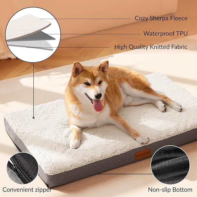 Patas Lague Orthopedic XL Dog Bed Large Sized Dog 48''X30'', Soft Waterproof Egg Crate Foam Large Pet Crate Beds Mat with Removable Washable Cover and Non-Slip Bottom, Ivory