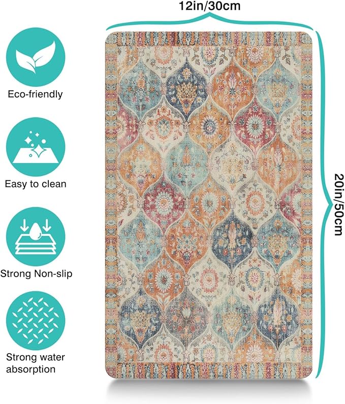Moroccan Trellis Dog Food & Water Mat, Mexican Talavera Boho Colorful Pet Feeding Mat for Floor Non-Slip Waterproof, Super Absorbent Cat Bowl Mat, Easy to Clean Durable Pet Placemat,12" × 20"