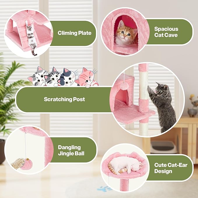 54 Inches Cat Tree Tower Condo, Cat Tower for Indoor Cats, Multi-Level Furniture Activity Center with Wide Base, Cozy Plush Cat Perches, Detachable Toy, Pink