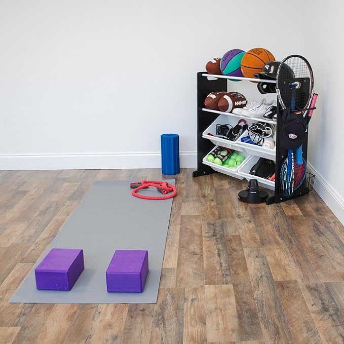 Humble Crew Jayden Sports Equipment Organizer with 2 Ball Racks and 4 Storage Bins – Black/White Rack for Home Gym, Garage & Kids’ Gear, Holds Balls, Bats, Rackets & More