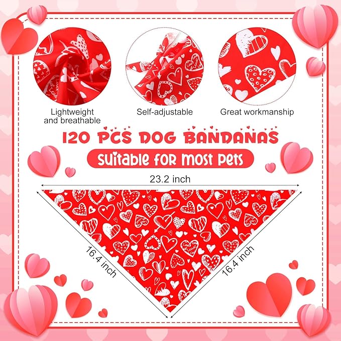Youyole 120 Pcs Valentine's Day Dog Bandana Bulks Love Dog Bandanas Valentine's Day Pet Scarf Soft Cat Triangle Scarves Pet Bandana Red Pink Heart Bibs for Small and Medium Breed
