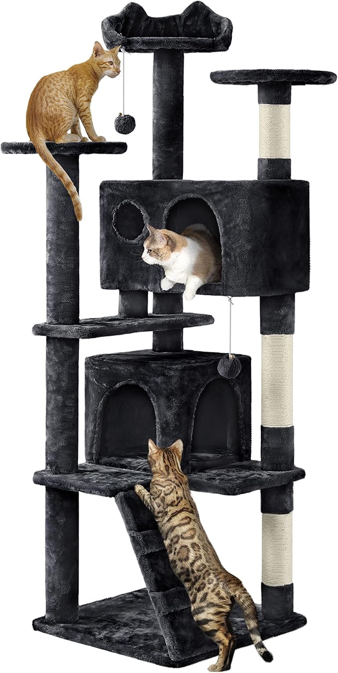 Yaheetech 62in Cat Tree Cat Tower for Indoor Kitten, Pet Furniture w/Double Condo, Scratching Posts, Multiple Platforms and Balls for Kittens, Black