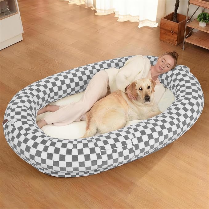 Human Dog Bed for Adults and Pets, 74"x50"x12" Plush Shared Bed, Waterproof & Machine Washable, Durable Anti-Slip Base with Portable Handle & Storage Pockets for Indoor Use, Dark Grey Grid