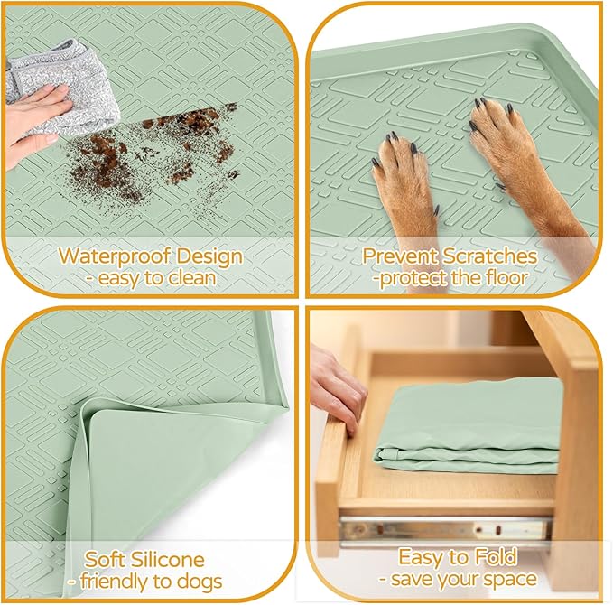 Lanstics Dog Food Mat, 42" x29" Large Silicone Mat Dog Feeding Mat with Raised Edge Non-Slip Pet Feeding Mat for Food and Water Bowl, Easy to Clean, Floor Protection (Light Green)