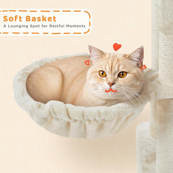 Yaheetech Cat Tree, 82.5in Large Tower w/Hammock, 2 Kitty-Ear Perches, 2 Cozy Condos, Scratching Posts, Basket, Furniture for Large Cats, Kittens, Beige