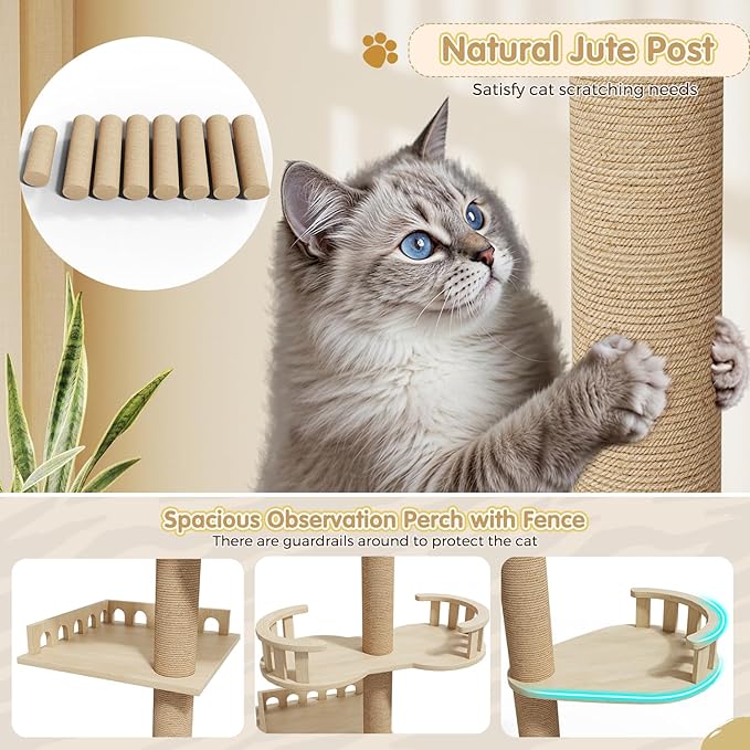 Erinnyees Cat Tree, Floor to Ceiling Cat Tree Height (86-105 in) Adjustable Cat Tower 6 Tier Hemp Scratching Post Cats Activity Center Removable Washable Pads