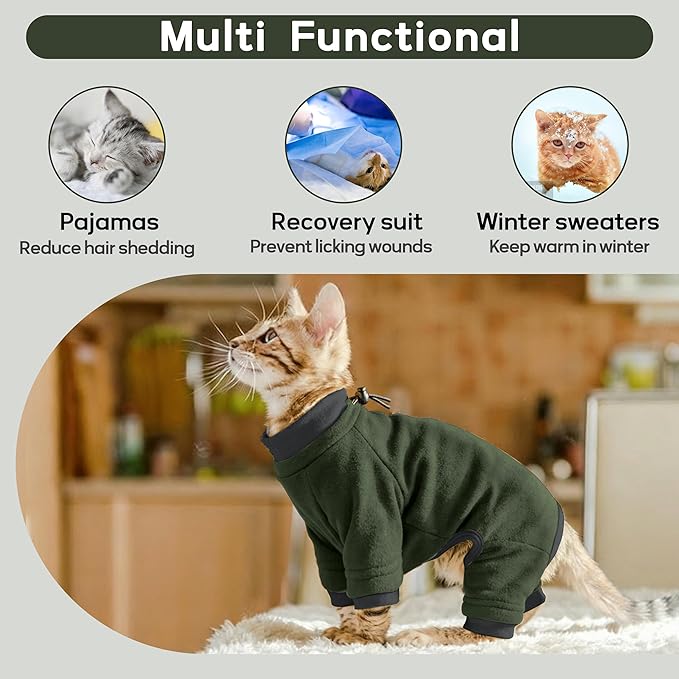 PUMYPOREITY Sticky Hair Cat Clothes, Prevent Hair Loss Cat Pajamas, Soft Cat Sweaters for Cats Only, Cat Hair Sticky Onesie, Cat Recovery Suit After Surgery, Green, XL