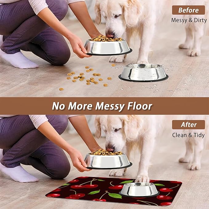 Red Cherry Pet Feeding Mat,Absorbent Quick-Dry Cat Dog Food and Water Bowl Mats,Non-Slip Rubber Backing Mat,Cat Dog Accessories Supplies 16"x24"