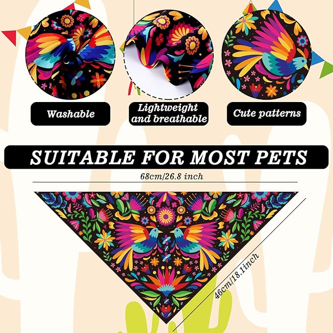 Whaline 2Pcs Mexican Dog Bandana Cinco De Mayo Fiesta Cotton Pet Scarf Double-Sided Adjustable Black Floral Pet Neckerchief for Small Medium Large Cat Dog Carnival Accessories