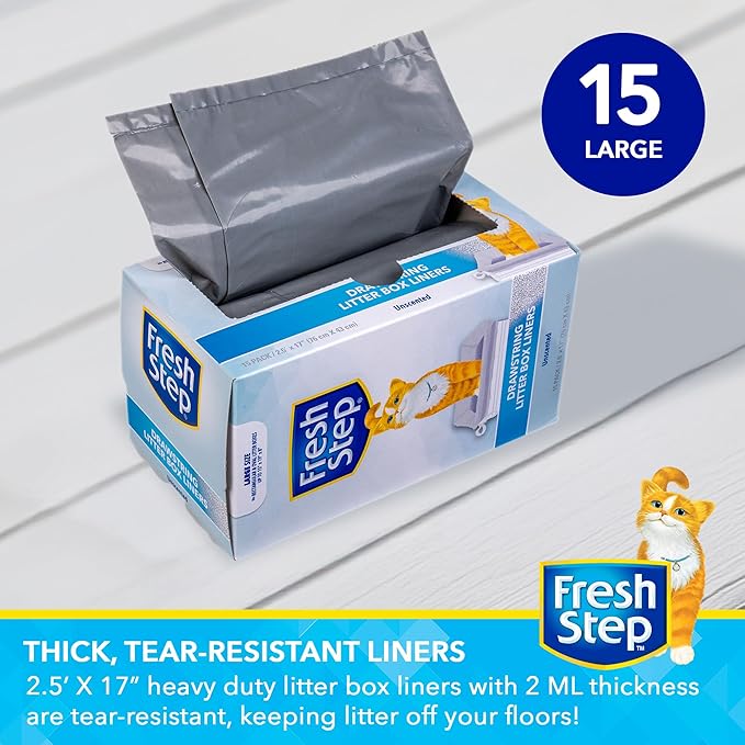 Fresh Step Drawstring Cat Litter Box Liners, Unscented Heavy Duty Kitty Litter Bags for Large Oval or Rectangle Pans, Helps Contain Odor and Mess, Easy Lift Out Cleanup, 30 x 17 in, 15 Count