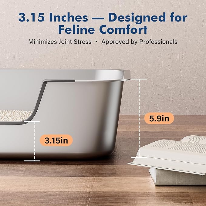 Stainless Steel Cat Litter Box with Low Entry, Metal Kitty Litter Box for Senior or Injured Cats, Odor-Free, Non-Stick, Easy to Clean, 17.5"x13.6"x5.9", Litter Pan for Medium and Small Cats