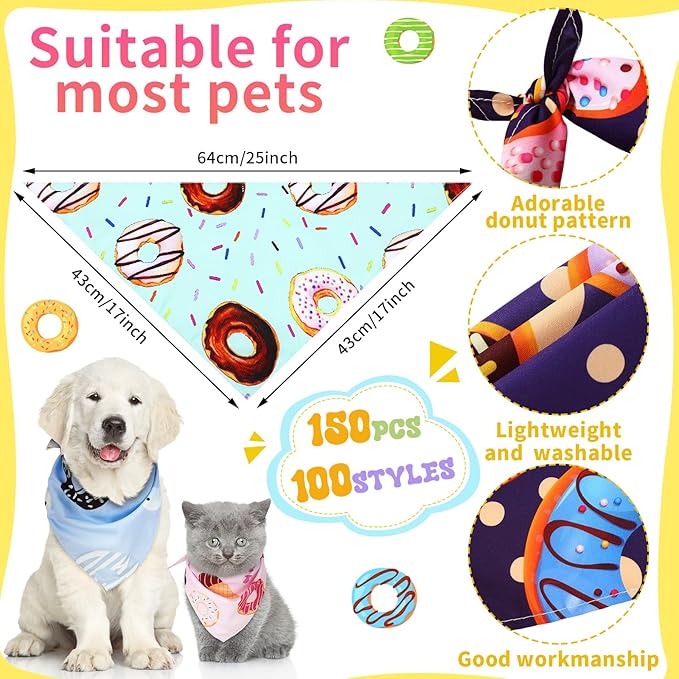 100 Pcs Donut Dog Bandanas Bulk Pet Bibs Colorful Triangle Scarf Donut Pet Bandanas for Medium Large Dogs Spring Summer Candy Theme Birthday Costume Decor
