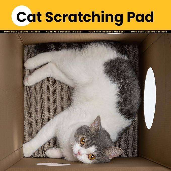Cardboard Cat House with Scratch Pad & Catnip, Cat Play Scratching House for Indoor Hideaway Furniture, Heavy Duty Sturdy Cardboard Scratcher, Easy to Assemble Birthday Gift, Medium