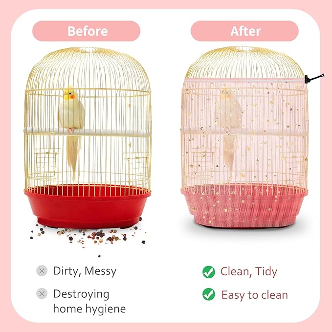 Bird Cage Seed Catcher, 45-90'' Adjustable Bird Cage Cover, Universal Nylon Bird Cage Mesh Net, Bird Cage Skirt Guard Accessories for Parrot Parakeet Macaw Round Square Cage (Pink)