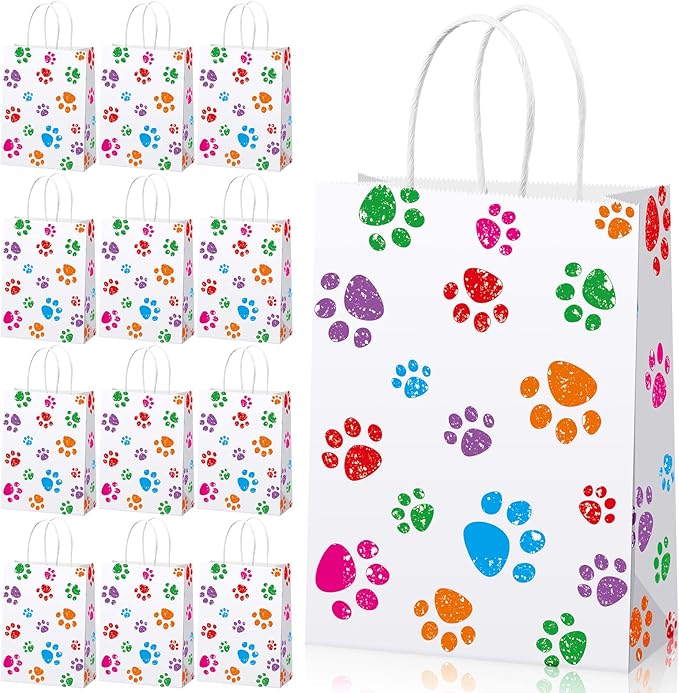 Blulu 20 Pcs Puppy Dog Paw Gift Bags with Paper Twist Handles, Dog Gift Paper Paw Treat Goodie Bags for PET Treat Party Favor, 6.3 x 3.1 x 8.6 Inch(White Backing, Colorful Paws)