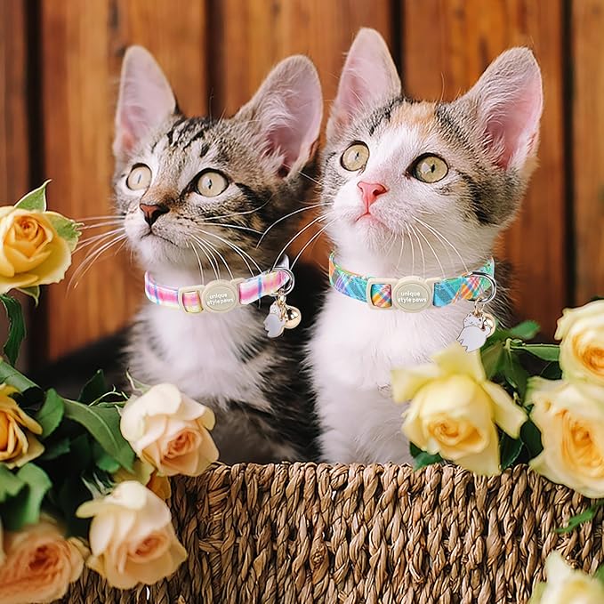 Unique style paws 2 Pack Easter Day Kitten Collar Breakaway with Bell&Pendant, Adjustable Safety Blue Pink Colorful Plaid Cat Cotton Collar for Girl Boy Cat and Small Pet