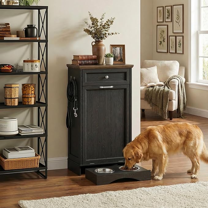 21’’W Dog Feeding Station with Storage, Tilt Out Dog Food Cabinet with Drawer, 2 Feeding Bowls, Pet Food Storage, Cat Feeding Station, Dogs Storage Organizer, (Black, Single Door)