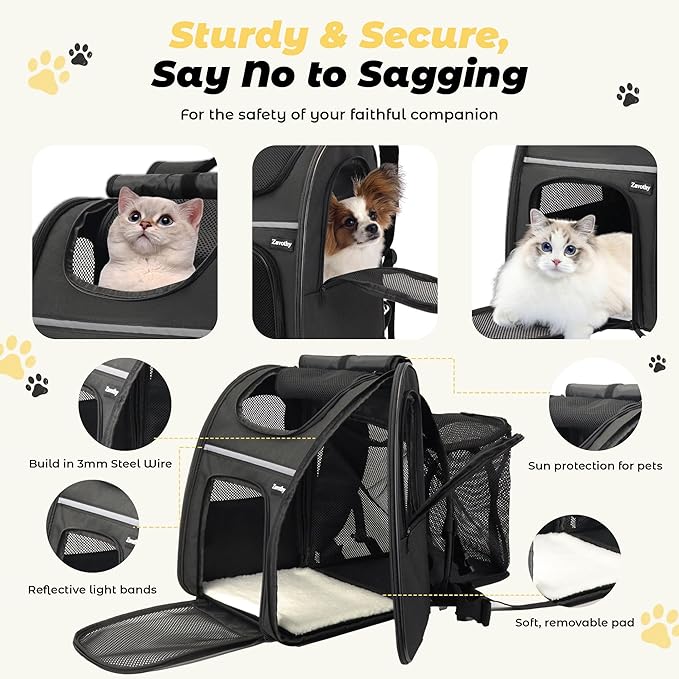 Zavothy Cat Backpack Carrier, Expandable Airline Approved Pet Backpack for Small Cats & Dogs, Breathable Mesh Cat Carrier Backpack with Padded Bottom, Foldable Travel Bag – Black