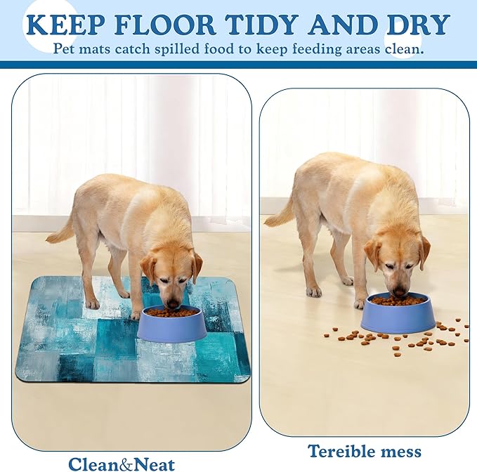 Blue Teal Dog Cat Food Mat–Christmas Stocking Absorbent Waterproof Placemat for Food and Water Bowls, Non Slip Rubber Backing, Feeding Mat for Clean Floors 16"x24"
