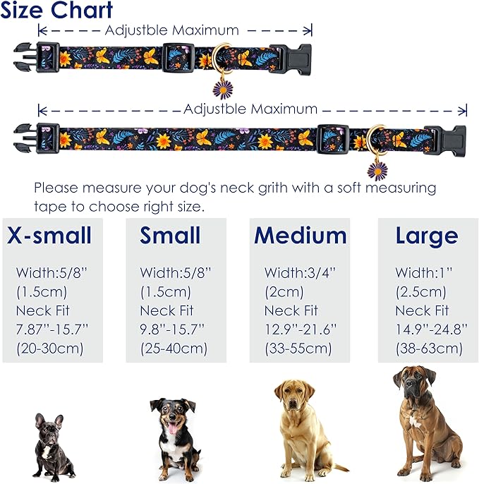Cotton Dog Collar Purple Flower Pattern for Boys and Girls Cute Dog Collars Summer Fall Gift Adjustable for Medium to X-Large Breed Dogs (L)