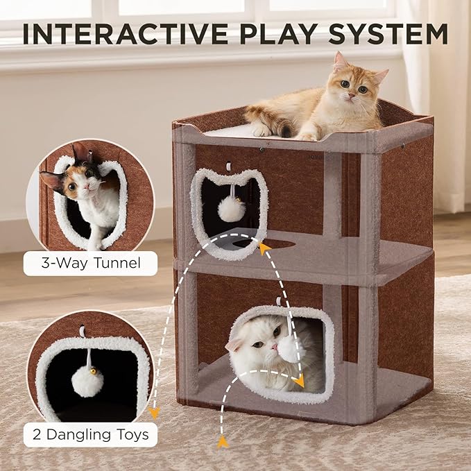 Joydeco Cat House for Indoor Cats, 2 Story Scratch Resistant Felt Cat Condo, Hideaway Pet Cave Bed with Fluffy Ball and Tunnel for Kitten, Small Dogs, Rabbits, 17.7 x 13.3 x 24, Coffee