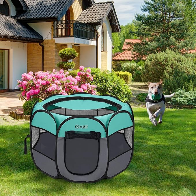 Pet Cat Playpen for Indoor Cats Enclosed, Puppy Dog Play Pen for Outdoor Travel Camping (Medium Size, Green & Dark Grey)