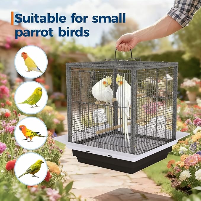 Bird Flight Cage 16 x 16 x 20 Inch, Wrought Iron Parrot Cage with Top Carry Handle, Food Cup, Removable Tray and Perches, Bird Carrier for Parakeet, Cockatiels, Budgies and Small Medium Birds