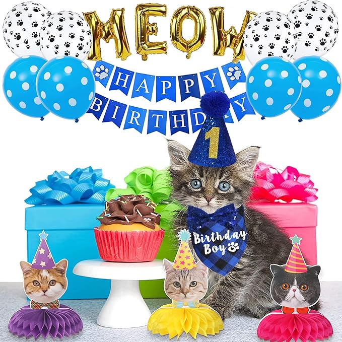 Cat Birthday Party Supplies, Cat Birthday Hat with Number Bandana Bow Tie Banner Balloons Meow Letter Balloons for Cats Kittens Decorations