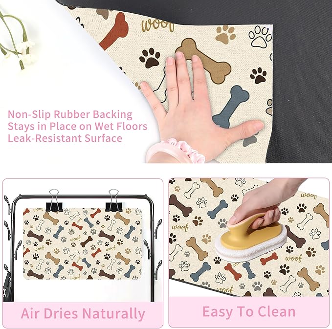 Dog Feeding Mat 20 x 12 Inch, Neutral Paw Bone Woof Dog Placemat Absorbent Quick-Dry for Food and Water, Waterproof Non Slip Rubber Pet Bowl Pad Mat for Floors