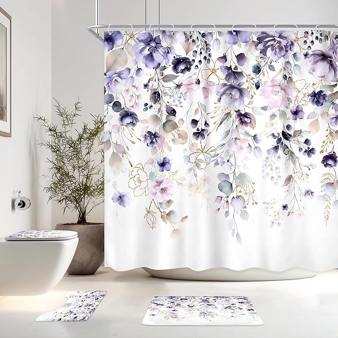 4 PCS Purple Floral Flower Shower Curtain Set 72Wx72H Inch Watercolor Pastel Complete Bathroom Set Non-Slip Bath Rug Toilet Lid Cover and U Shape Mat Accessories 12 Hooks Bathoom Decor
