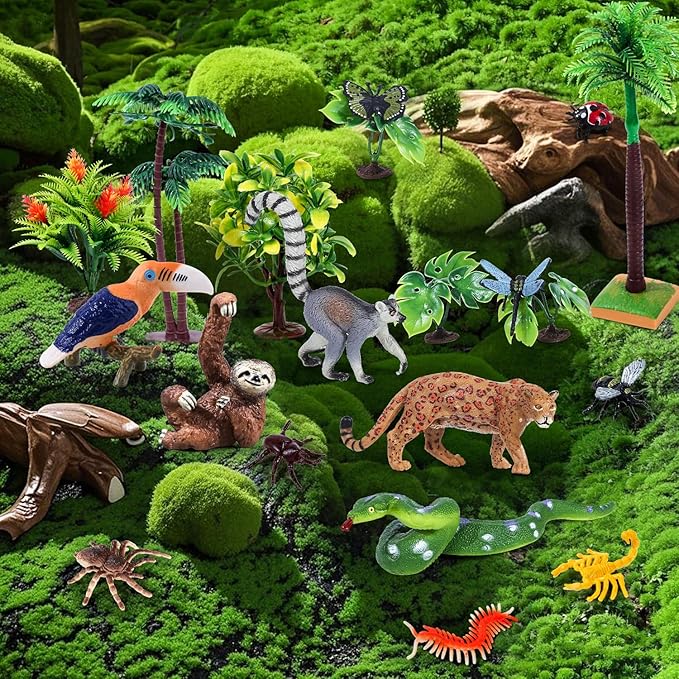 26Pcs Rainforest Animal Figures, Realistic Jungle Animals Toys with Snake Sloth Leopard Monkey Bird Insects Trees for Kids Educational Birthday Diorama Decoration Party Favor School Projects