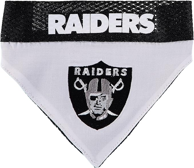 Pets First NFL DOG BANDANA - LA RAIDERS REVERSIBLE PET BANDANA. 2 Sided Sports Bandana with a PREMIUM Embroidery TEAM LOGO, Small/Medium. - 2 Sizes & 32 NFL Teams available, Los Angeles Raiders