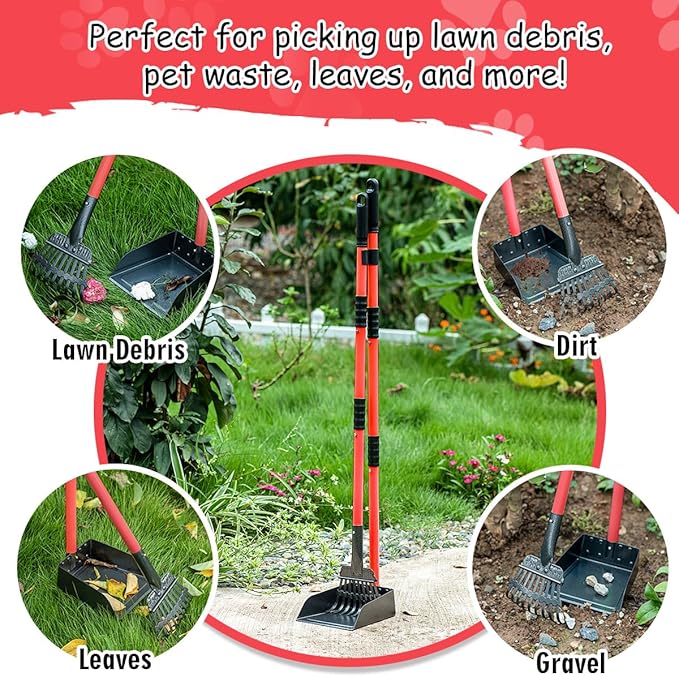 MXF Pooper Scooper, Dog Pooper Scooper Long Handle Stainless Metal Tray and Rake Set for Medium Small Dogs Heavy Duty - Use on Grass, Dirt or Gravel - Red