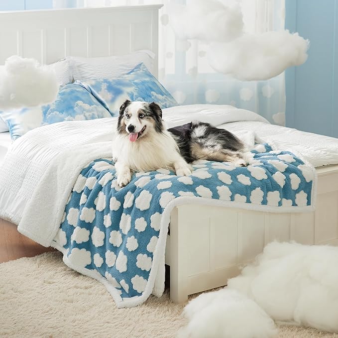 LE SURE Waterproof Dog Blanket for Large Dogs - Washable Double Sided Dog Blankets with Warm Jacquard Shag and Soft Sherpa Fleece, Pet Cat Blanket for Bed Couch Protection, 3D Textured Cloud, Blue