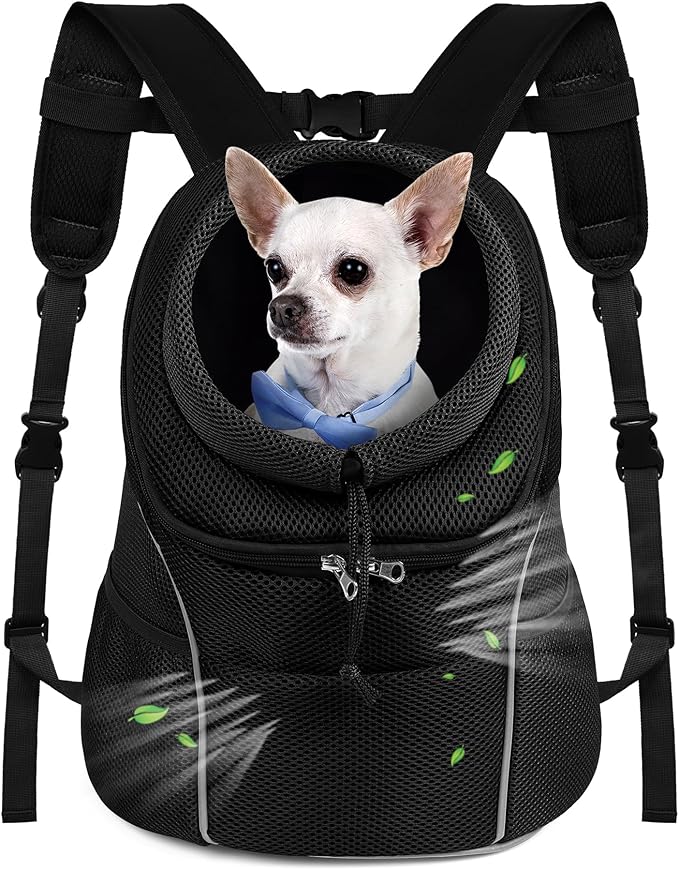 WOYYHO Pet Dog Carrier Backpack Small Dog Front Backpack Ventilated Dog Carrier Back Pack with Storage Pockets, Adjustable Straps & Safety Belt for Travel Hiking Outdoor(Size L: 10-14 lbs, All Black)
