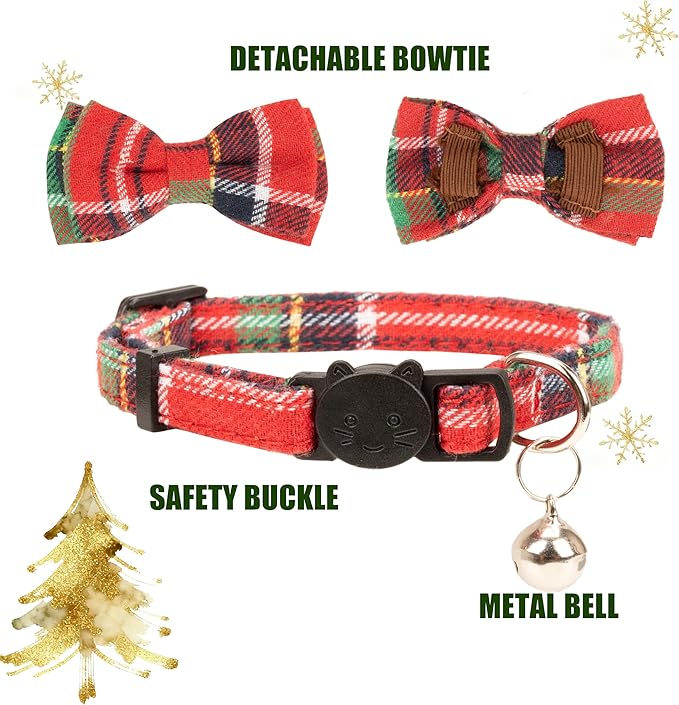 Collar for Cat Pet Breakaway with Bell Bowtie Detachable Bow Adjustable Safety Kitten Puppy Girl Boy 2pcs Christmas-B
