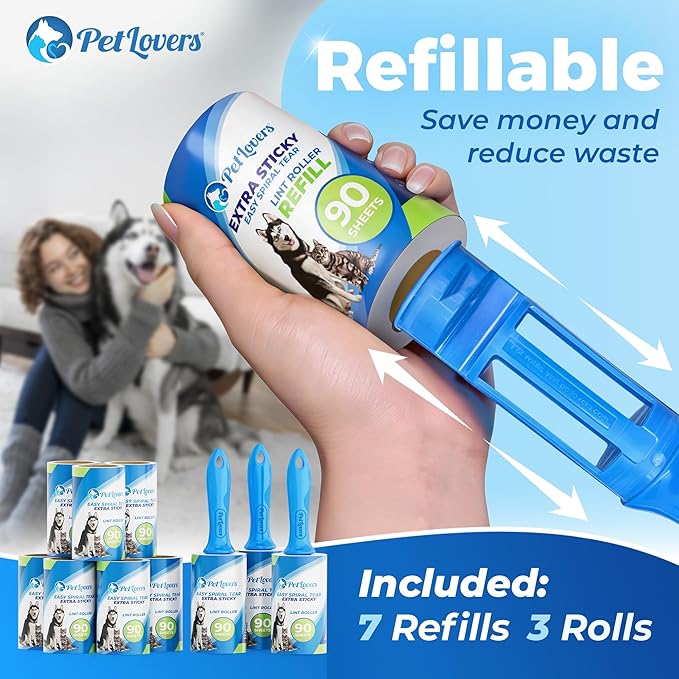 PetLovers Extra Sticky Lint Roller Mega Value Set 900 Sheets for Pet Hair Removal and Clothes, Dog and Cat Lint Remover, 10 Pack