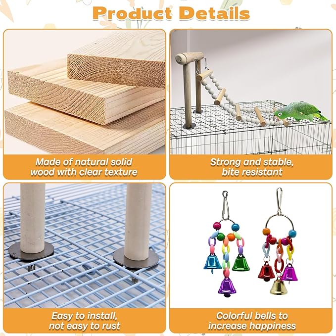 PINVNBY 3PCS Bird Ladder Bridge, Natural Wood Climbing Ladders Flexible Parrot Swing Toys for Parakeets, Cockatiels, Lovebirds, Amazon Parrots, Conures (11 x 6.3 x 6.7 inches)