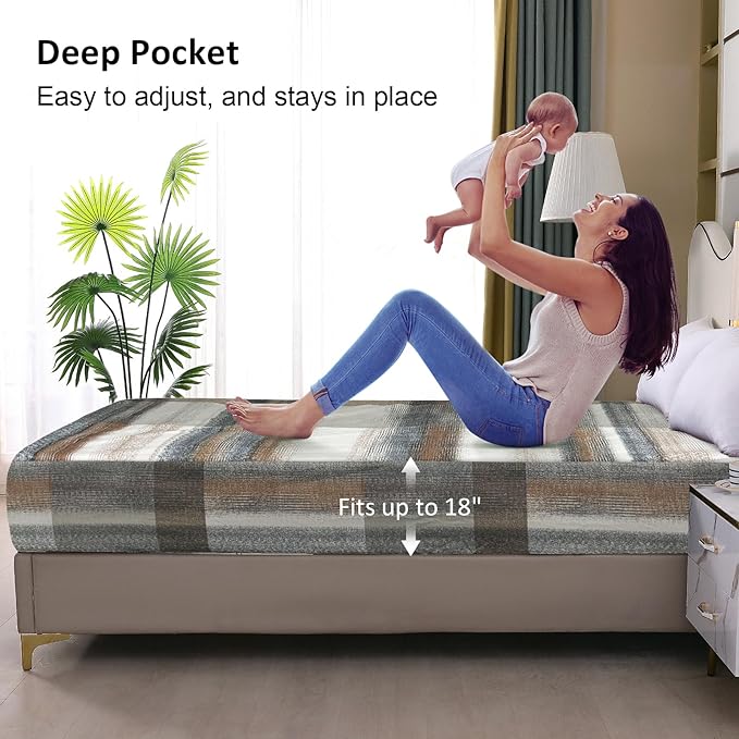 Waterproof Mattress Protector King, Fitted Sheet Style Breathable Mattress Cover with Deep Pocket Fits Up to 18'', Noiseless Bed Cover for Kids Adults Pets, Machine Washable (Stripes, 76'' X 80'')