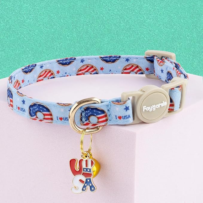 Faygarsle 2 Pack Patriotic American Flag Dog Collar Pattern Cat Collars Breakaway Safety Collar with Bell Spring Summer Design for Girl Cats, Red White Blue