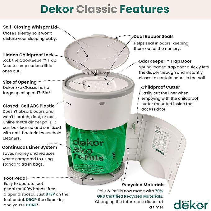 Diaper Dekor EKO Classic Diaper Pail, White | ONLY Eco-Friendly Diaper Pail Made with 70% Recycled Materials | Hands-Free: Step–Drop–Done | Cost-Effective Refill System