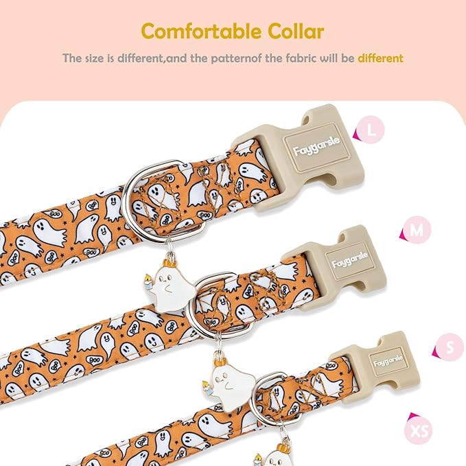 Faygarsle Halloween Ghost Pattern Dog Collar with Charm, Orange and White,for Small Medium Large Dogs XS