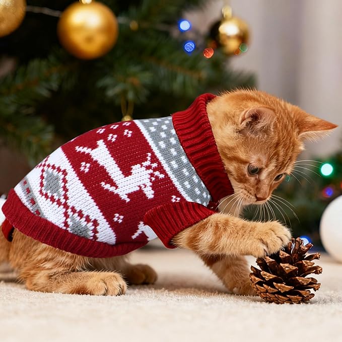 Cat Christmas Sweater Pet Winter Warm Coat Pajamas Reindeer Snowflake Knitwear Cat Sweater for Cats Kitty Puppy (Reindeer, XS)